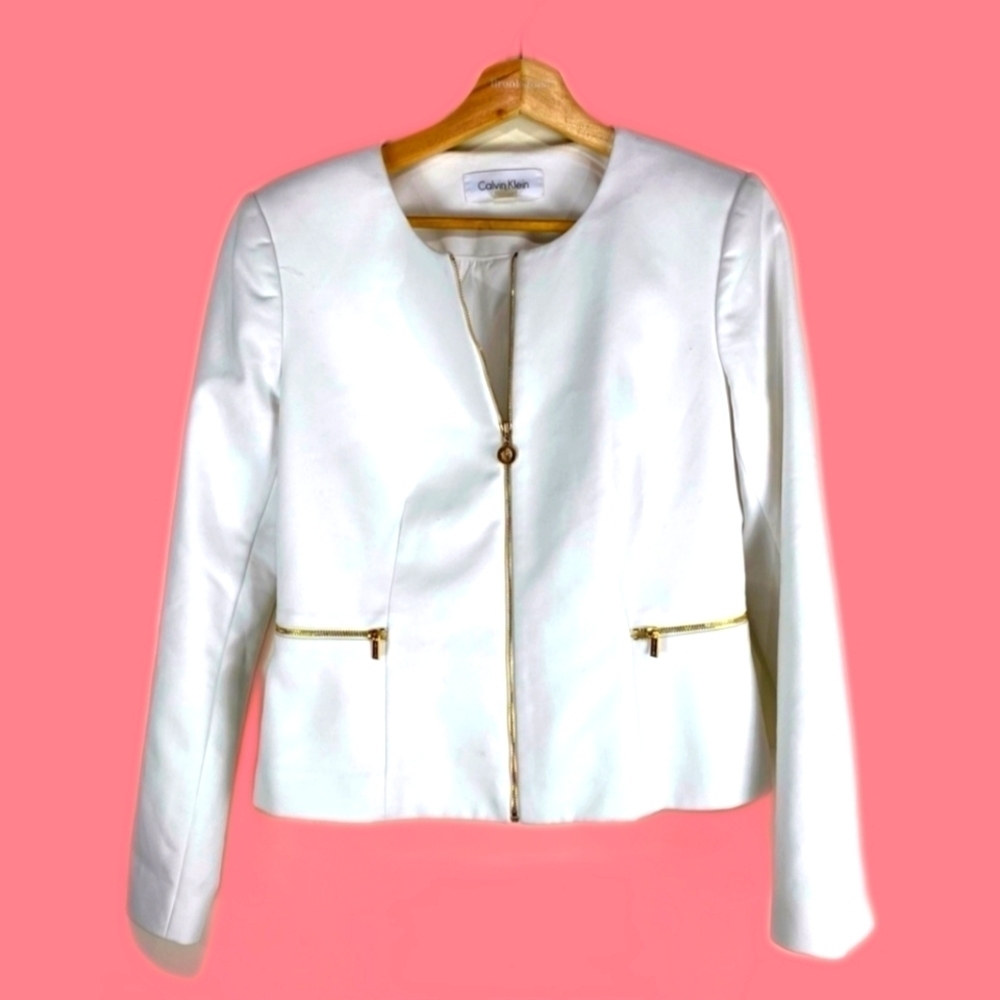 Calvin Klein Women's Full Zip Up Work Wear Blazer Jacket White Gold Size 2